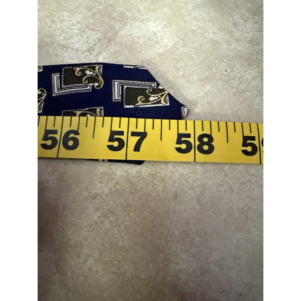 Countess Mara Tie Silk‎ Made USA 90s Geometric Scroll Navy Gold Wide 4
